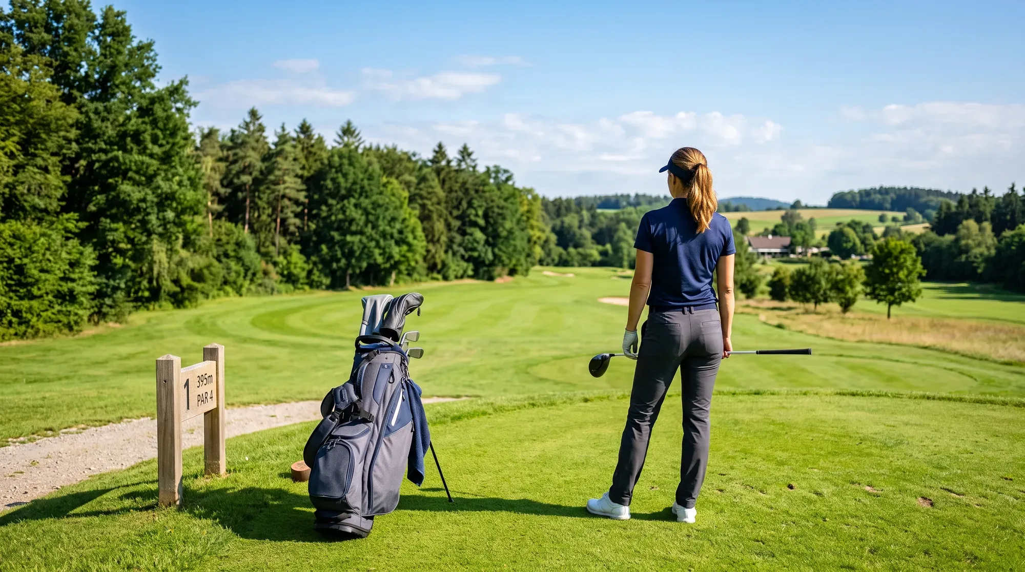 Golferin am ersten Abschlag an einem sonnigen Morgen